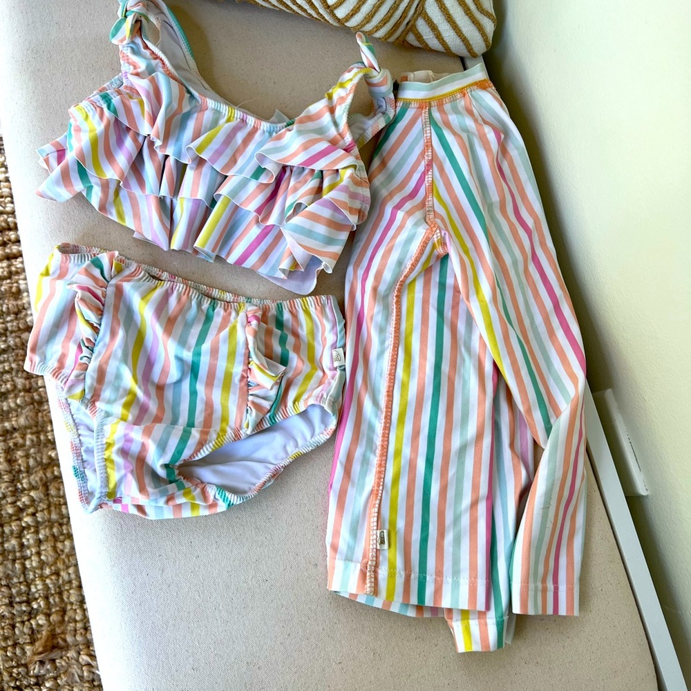 Girls Charming Mary Bikini and Rash guard bundle size 4-5 pastel stripes